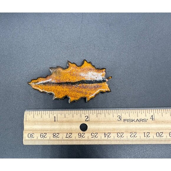 Vintage Autumn Leaf Brooch Pin Enamel on Copper Statement Fall Jewelry Orange - Picture 8 of 8